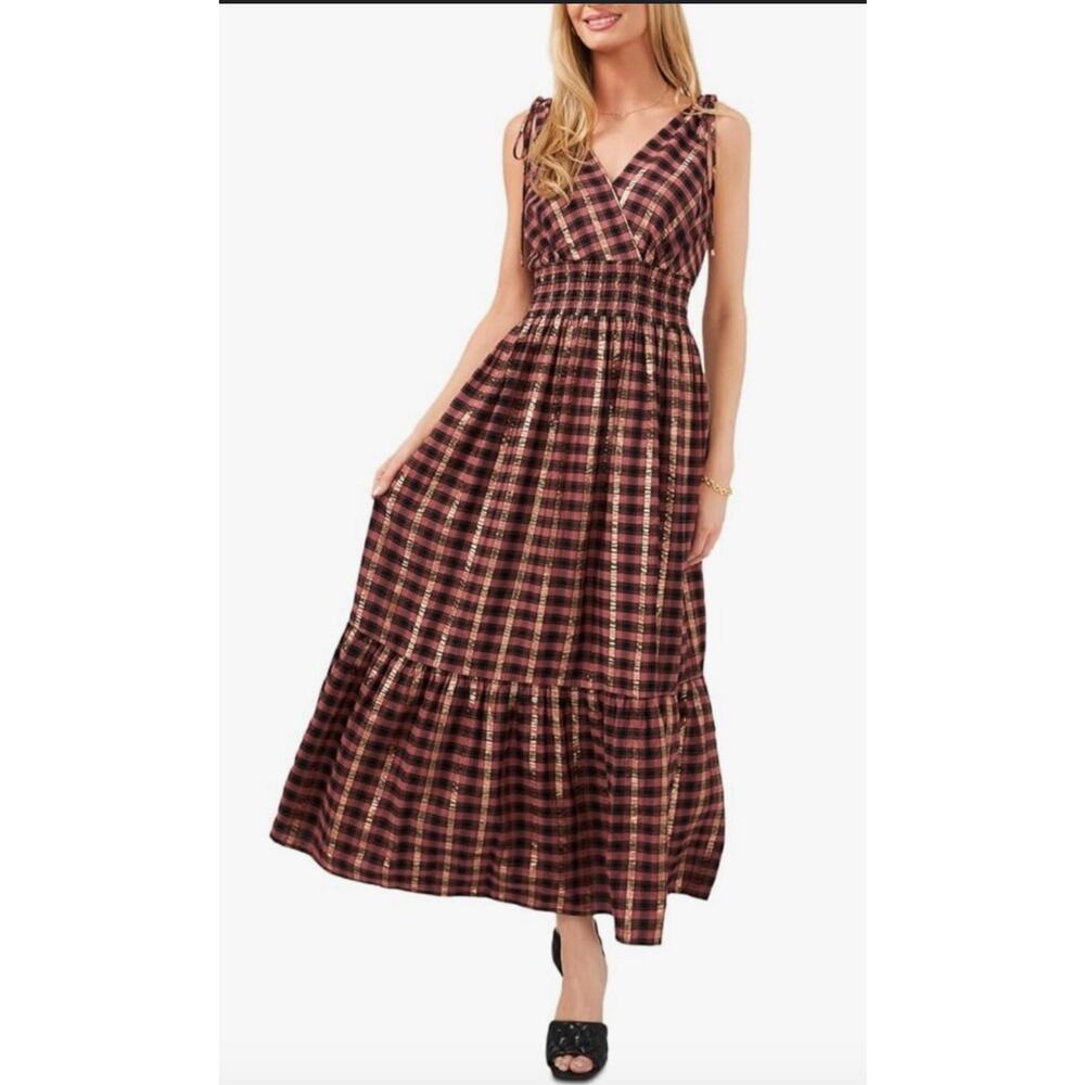 NWT Vince Camuto Desert Summer Plaid Tiered V Neck Midi Boho Dress Women's SZ 3X